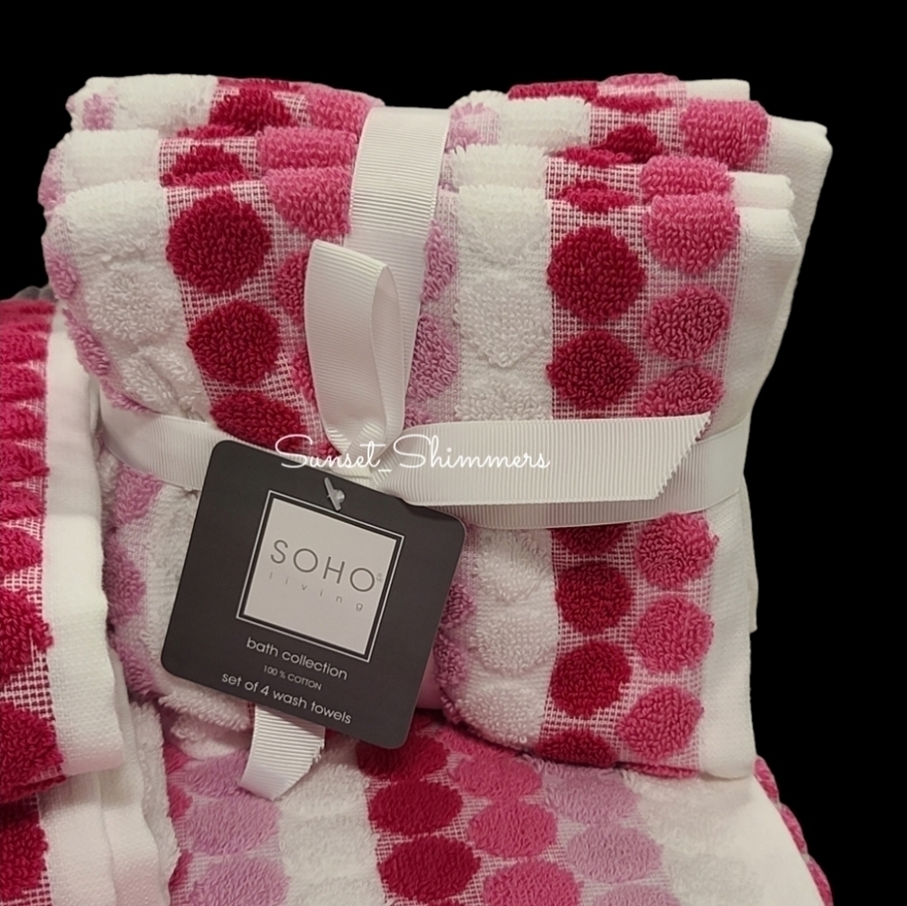 6pc Soho Living Bath Hand Tip Striped Dot Pink Ombre Towel Set New - Picture 5 of 11